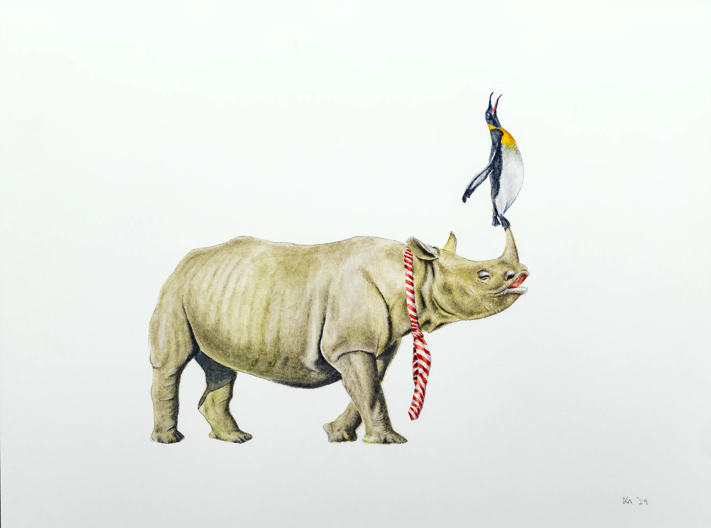 Original watercolor Rhinoceros and penguin