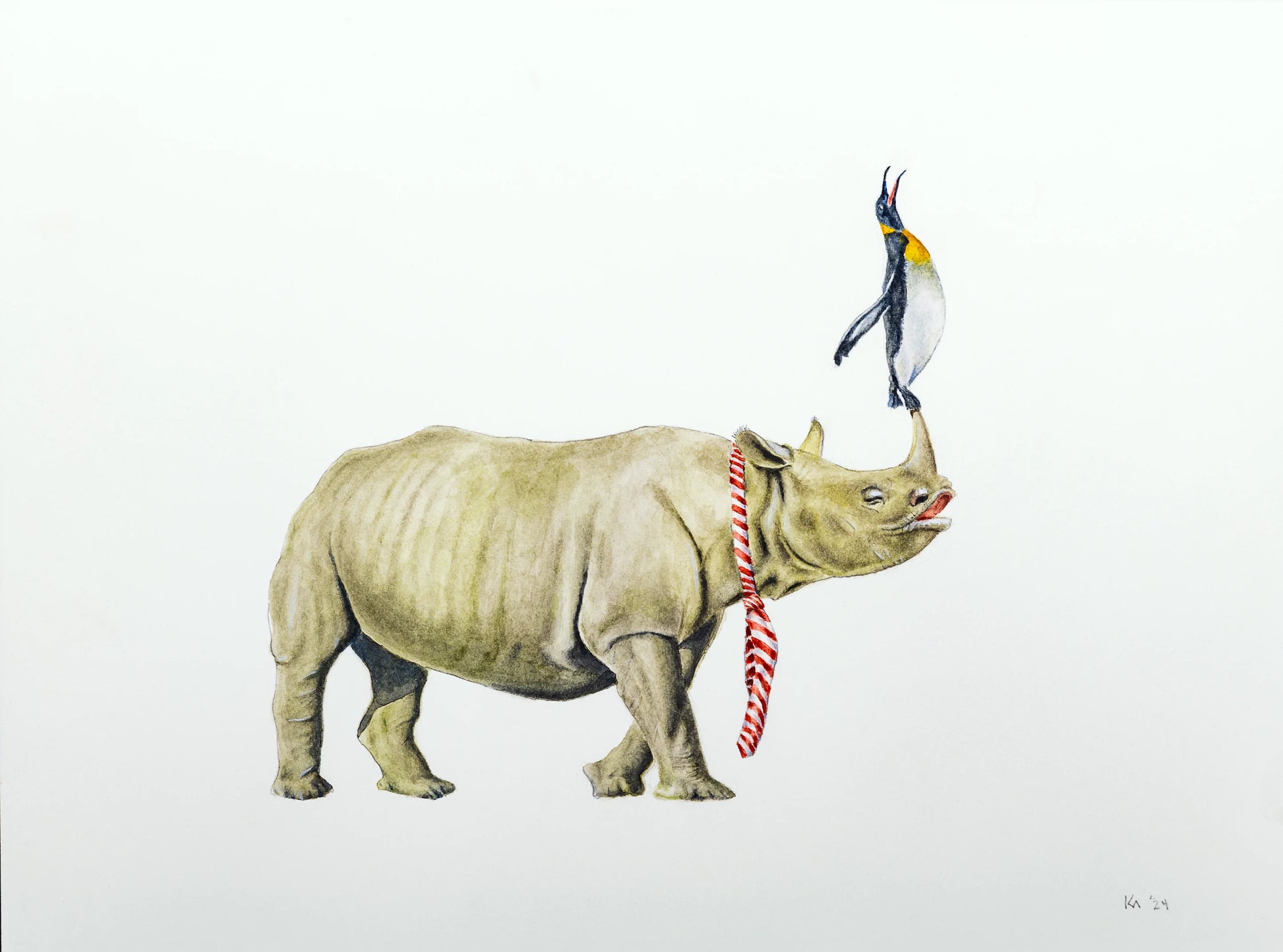 Original watercolor Rhinoceros and penguin